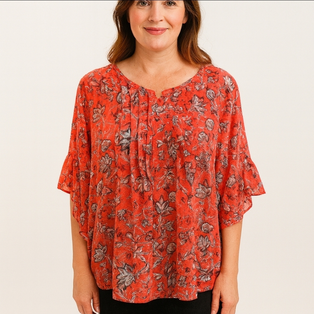 Style & Co Orange Peasant Feminine Boho Chic Gypsy Ruffle Sz M